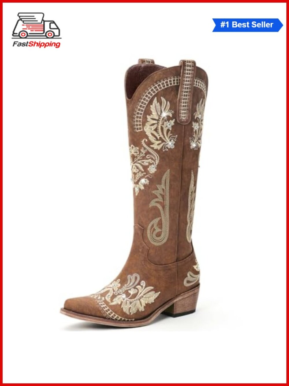 ✨ Cowboy Boots Knee High Western Rhinestone Embroidered Pointed Toe Chunky Heel